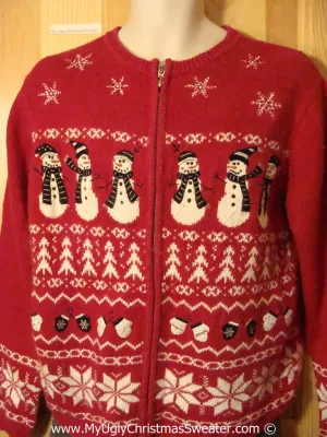 Tacky Ugly Christmas Sweater with Festive Geometric Stripes of Snowflakes, Mittens, and Snowmen  (f788)