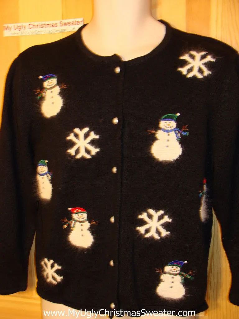 Tacky Ugly Christmas Sweater with Fluffy Snowmen and Snowflakes (f12)