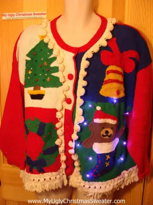 Tacky Ugly Christmas Sweater with Lights and Fringe. 80's retro style. (g2)