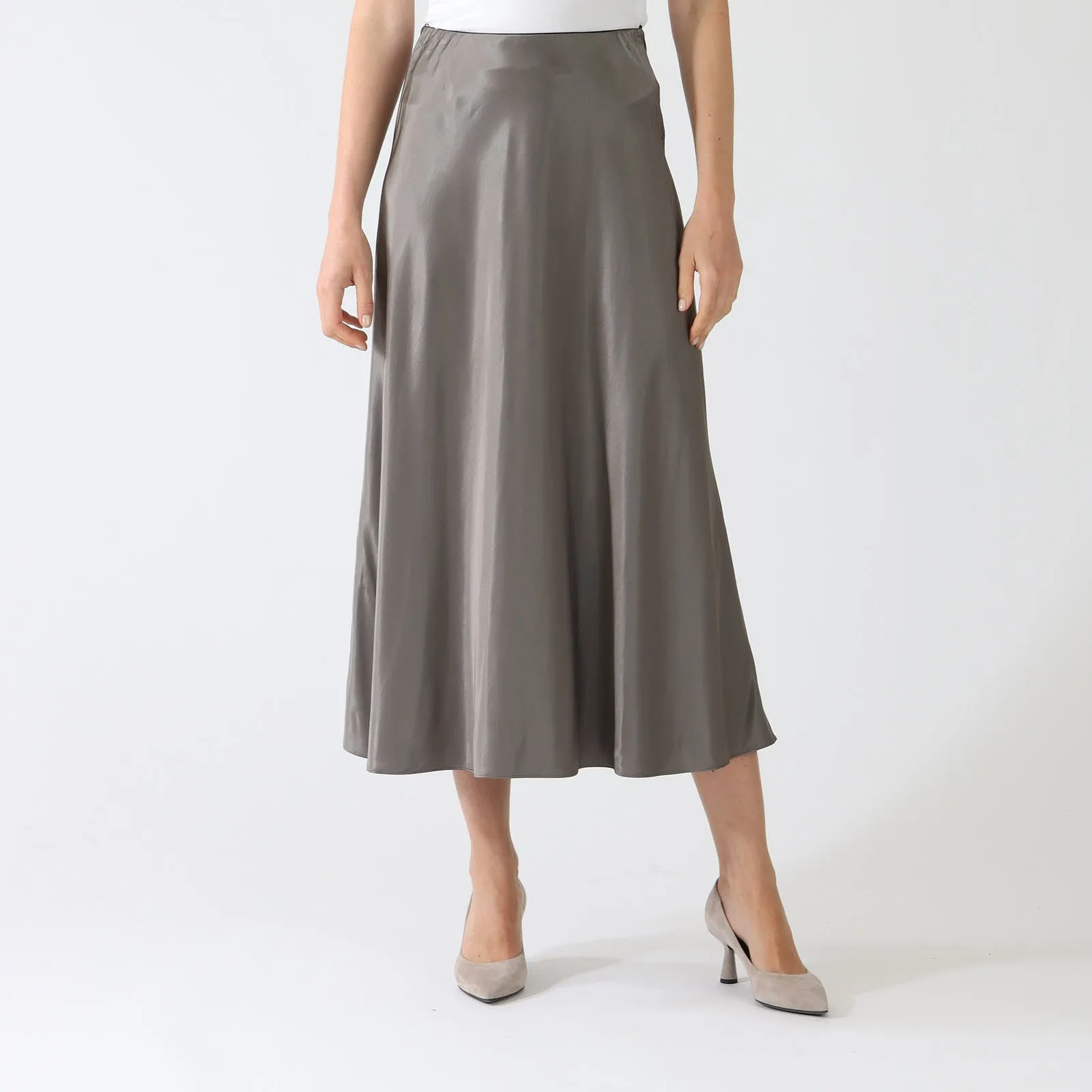 Taupe Satin Midi Skirt