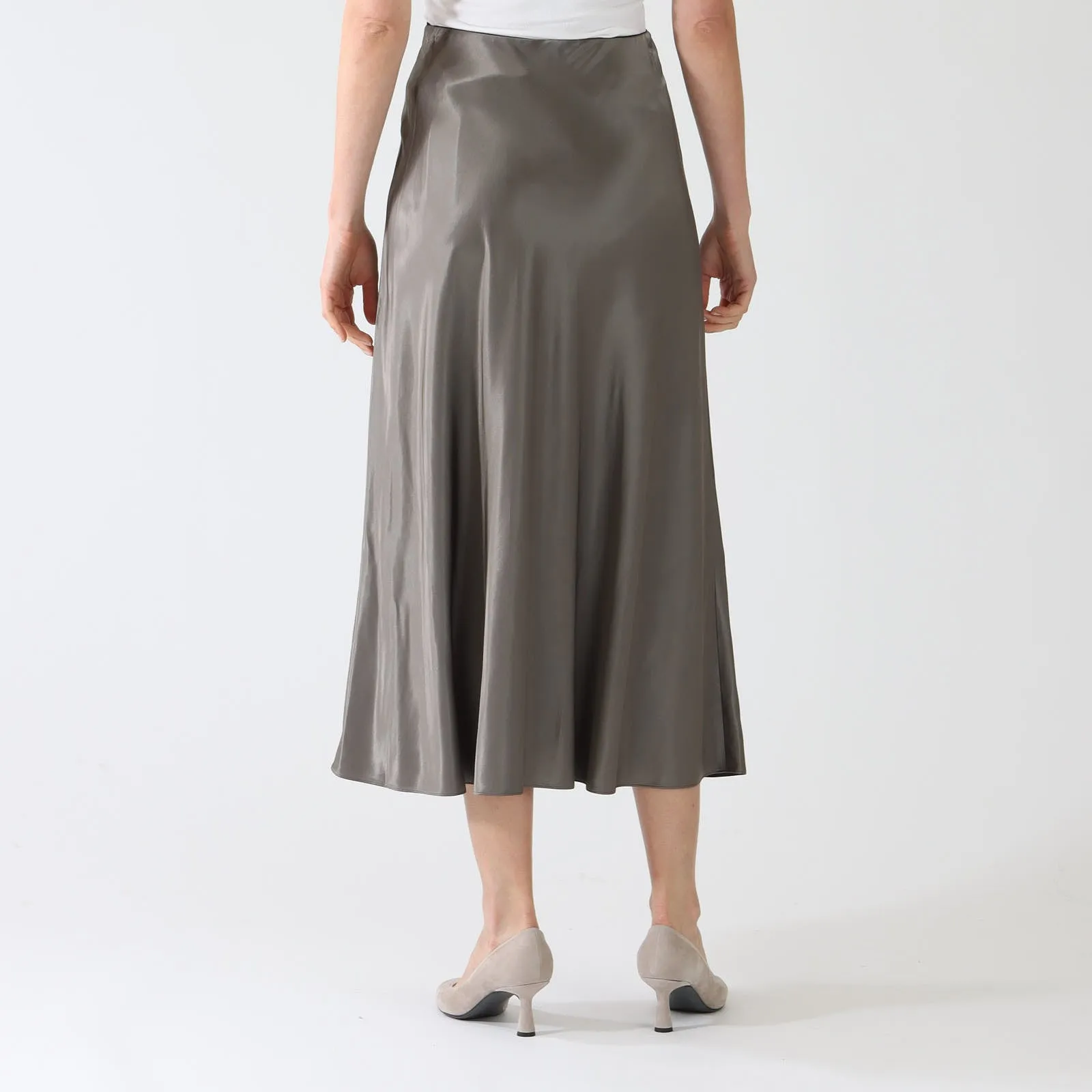 Taupe Satin Midi Skirt