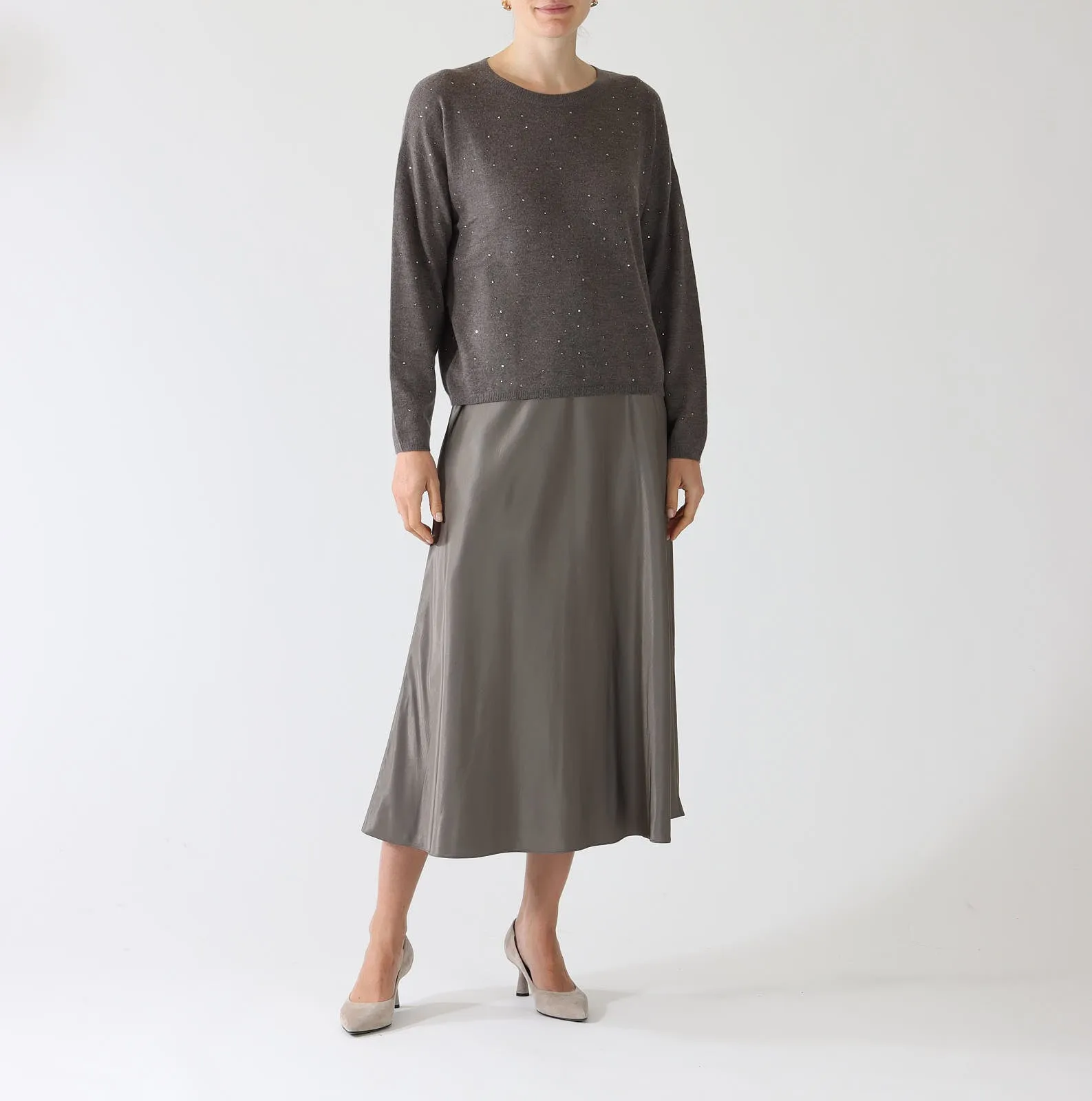 Taupe Satin Midi Skirt