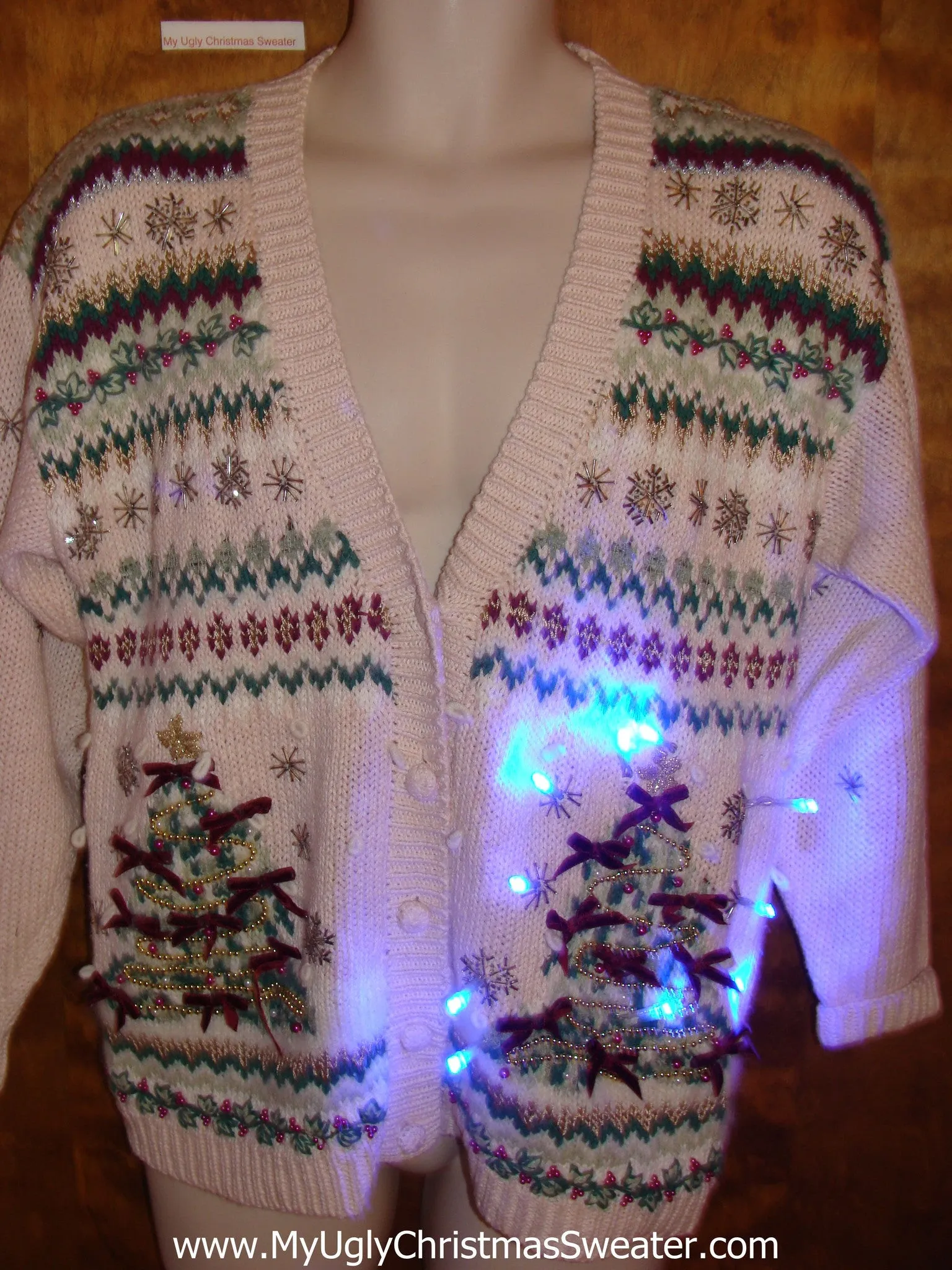 Ugly Christmas Sweater Cardigan with Twin Trees and Lights