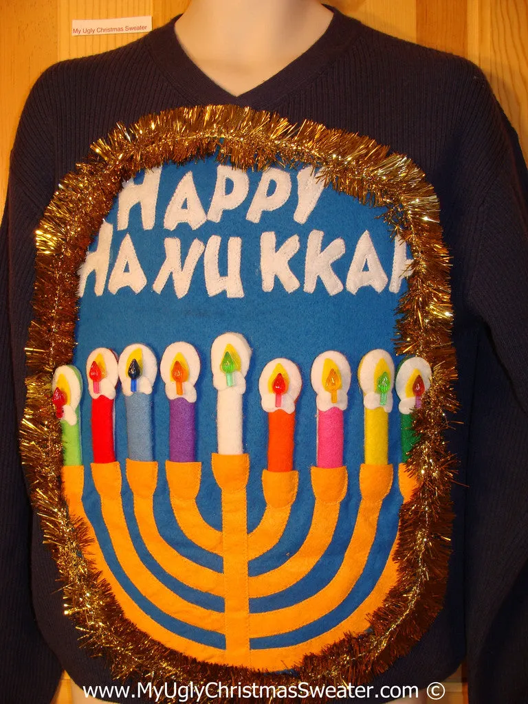 Ugly Christmas Sweater Party Hanukkah Sweater Mens with Menorah (j243)