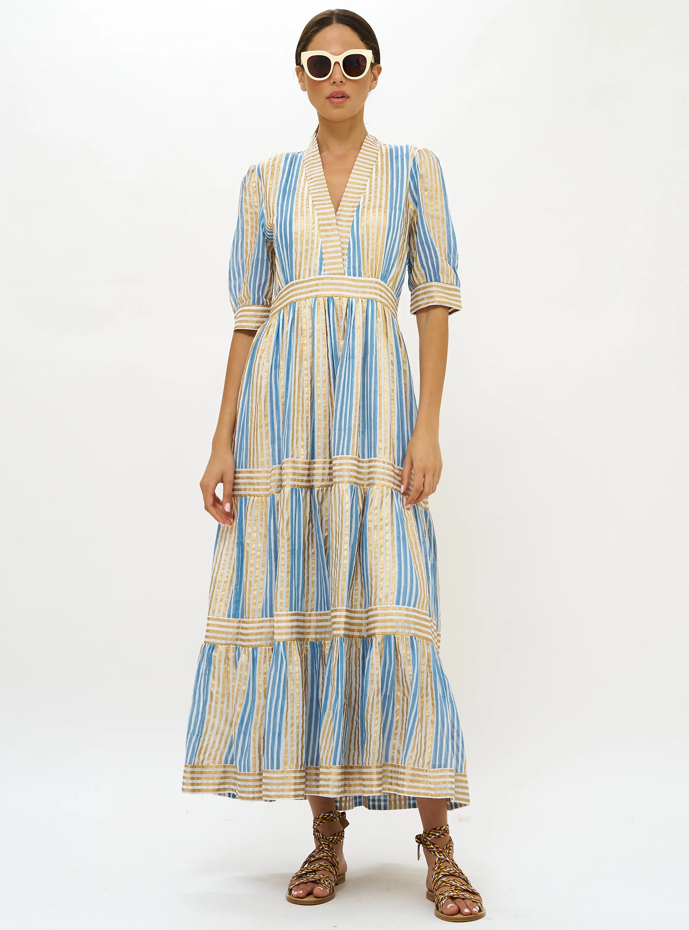 V-Neck Cuffed Maxi Dress - Samoa Blue Gold