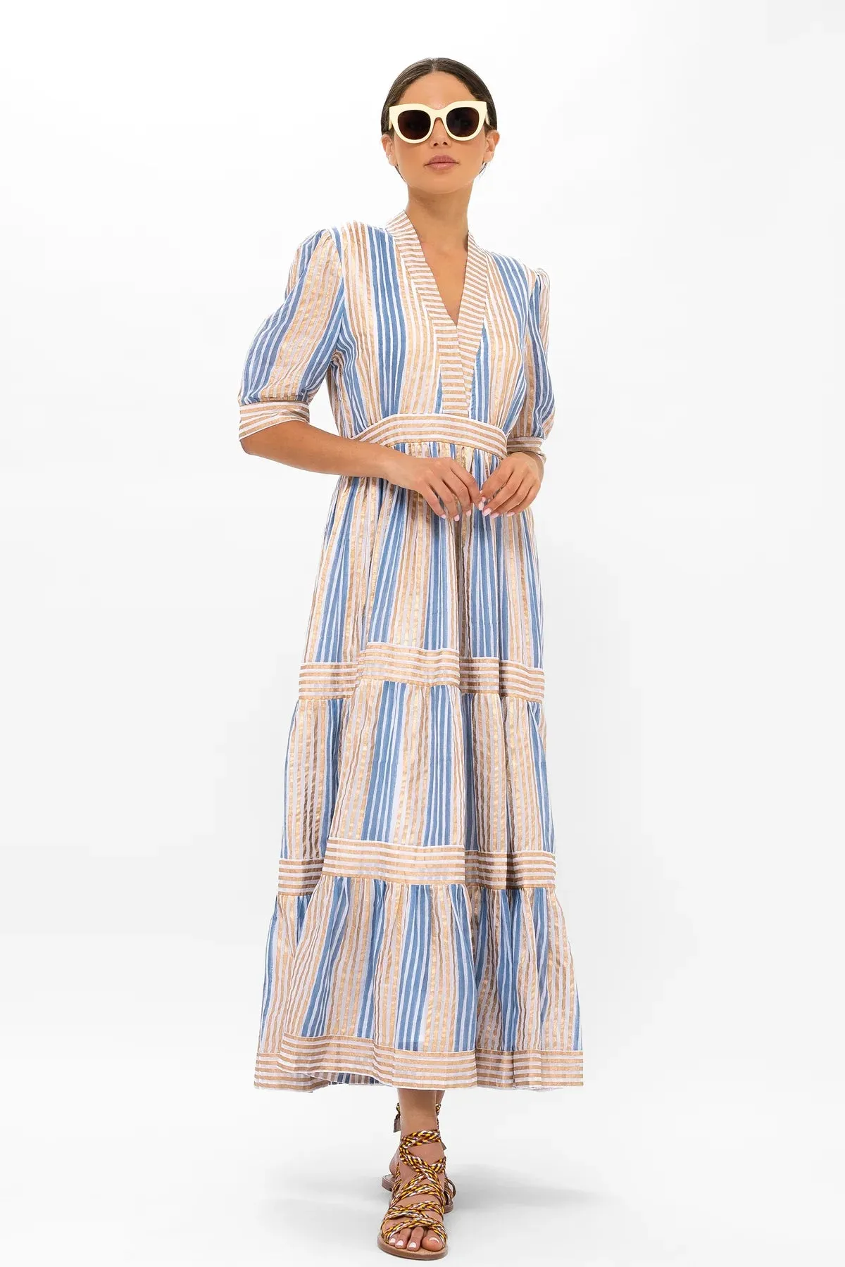 V-Neck Cuffed Maxi Dress - Samoa Blue Gold