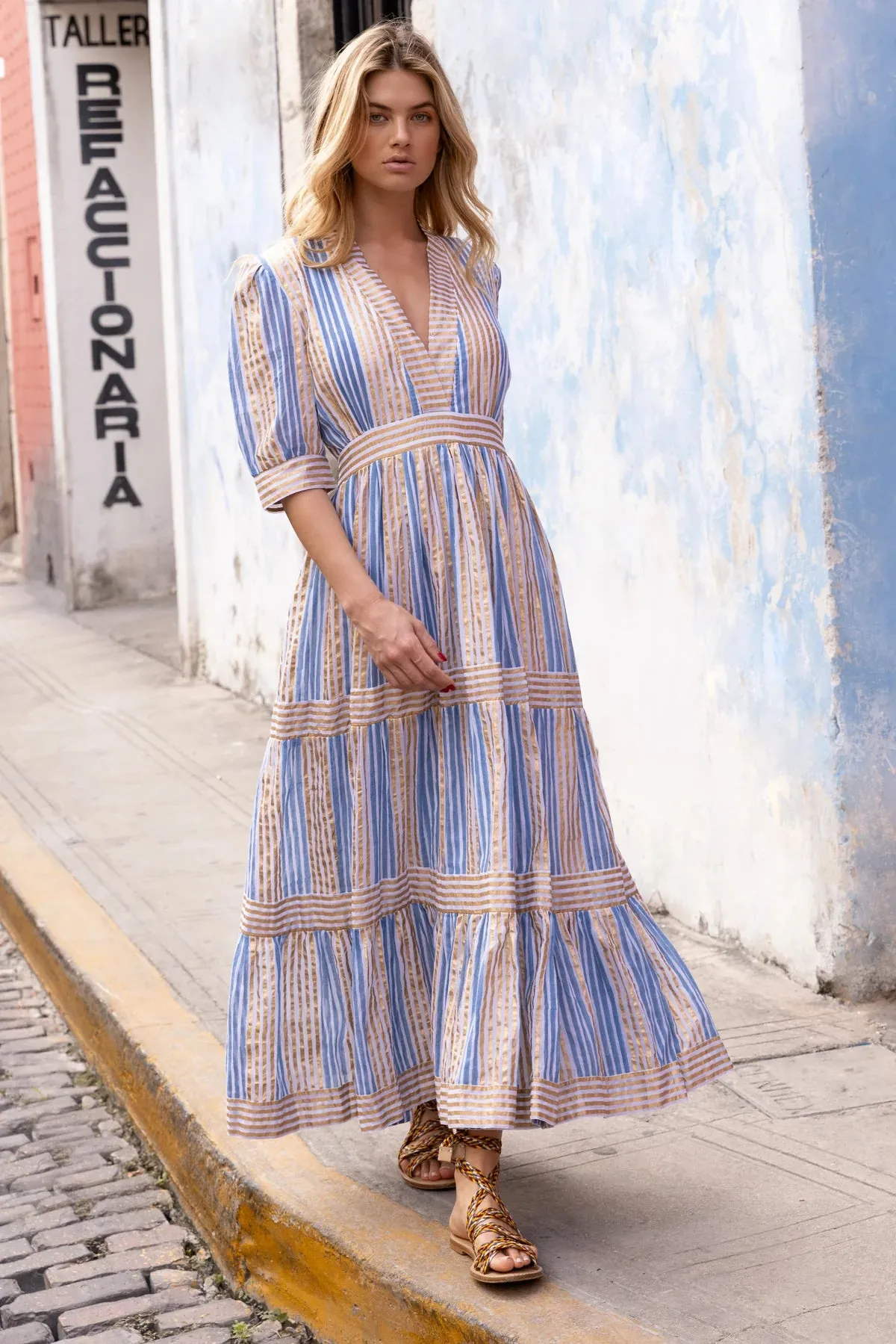 V-Neck Cuffed Maxi Dress - Samoa Blue Gold