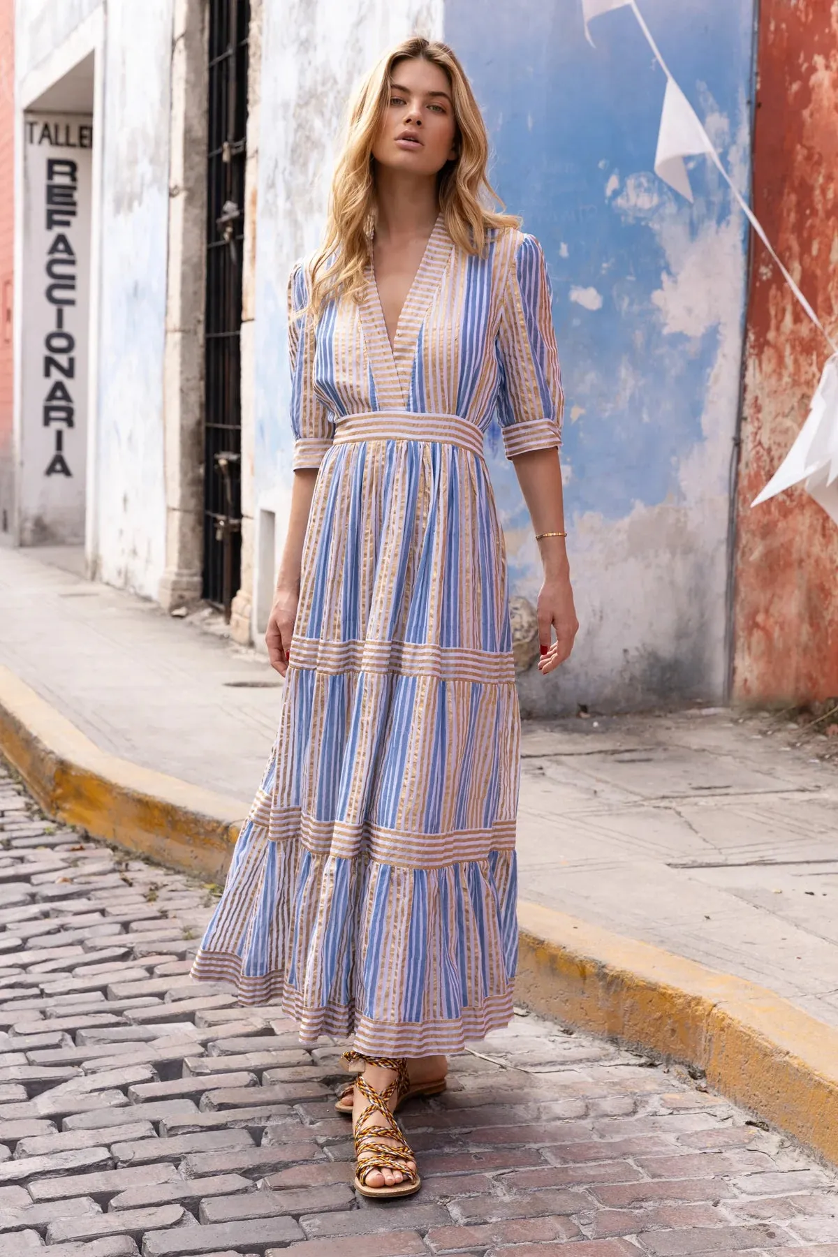 V-Neck Cuffed Maxi Dress - Samoa Blue Gold