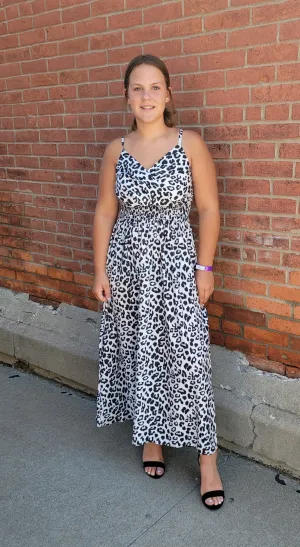 V Neck Leopard Smocked Waist Maxi Dress