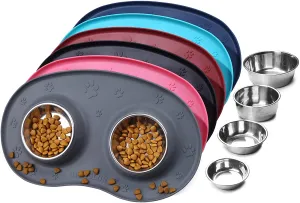 Vivaglory Dog Bowls Set with Double Stainless Steel Feeder Bowls and Wider Non Skid Spill Proof Silicone Mat for Cats Puppies Dogs