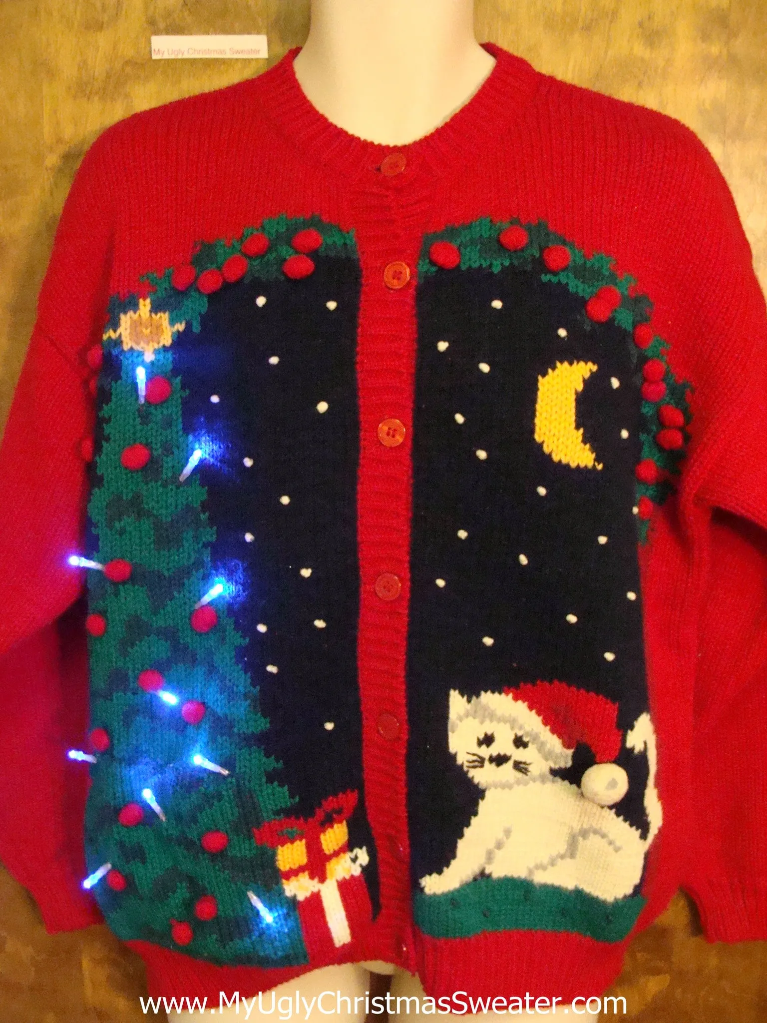 White Cat Ugly Christmas Sweater with Lights