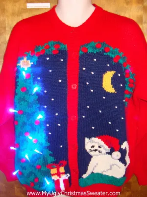 White Cat Ugly Christmas Sweater with Lights