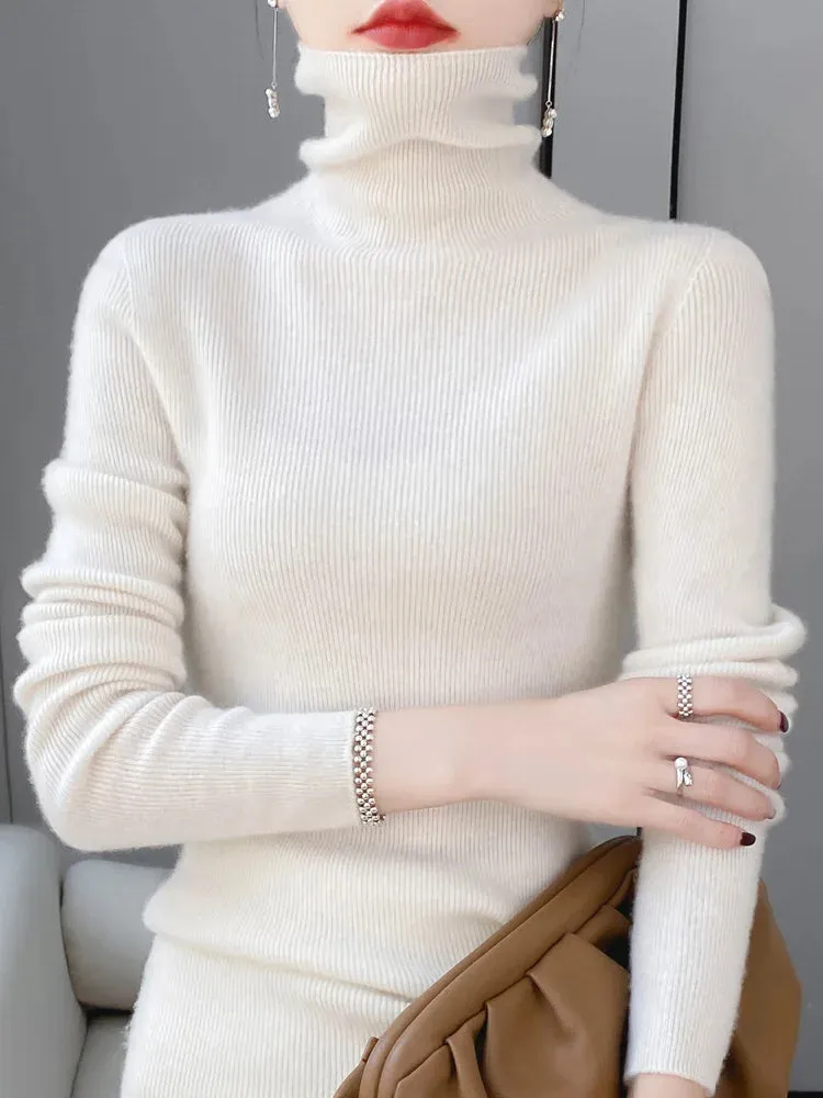 Women Turtleneck Sweater Autumn Winter Slim Basic Bottoming Pullover 100% Merino Wool Soft Kniwear Korean Popular Clothes Tops