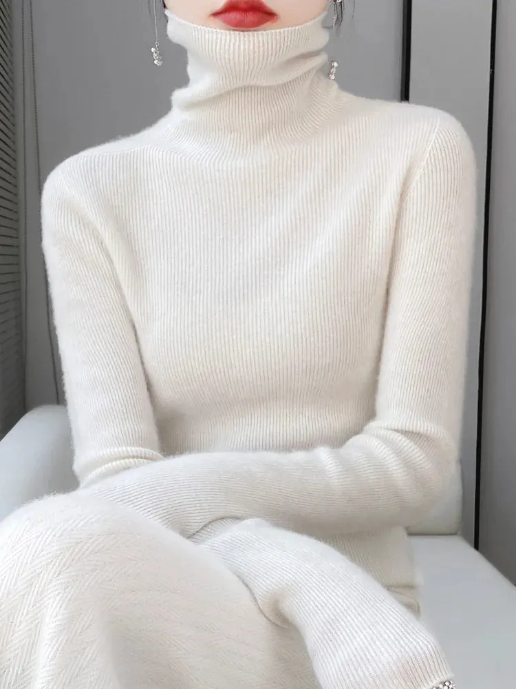 Women Turtleneck Sweater Autumn Winter Slim Basic Bottoming Pullover 100% Merino Wool Soft Kniwear Korean Popular Clothes Tops