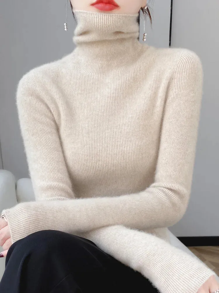 Women Turtleneck Sweater Autumn Winter Slim Basic Bottoming Pullover 100% Merino Wool Soft Kniwear Korean Popular Clothes Tops