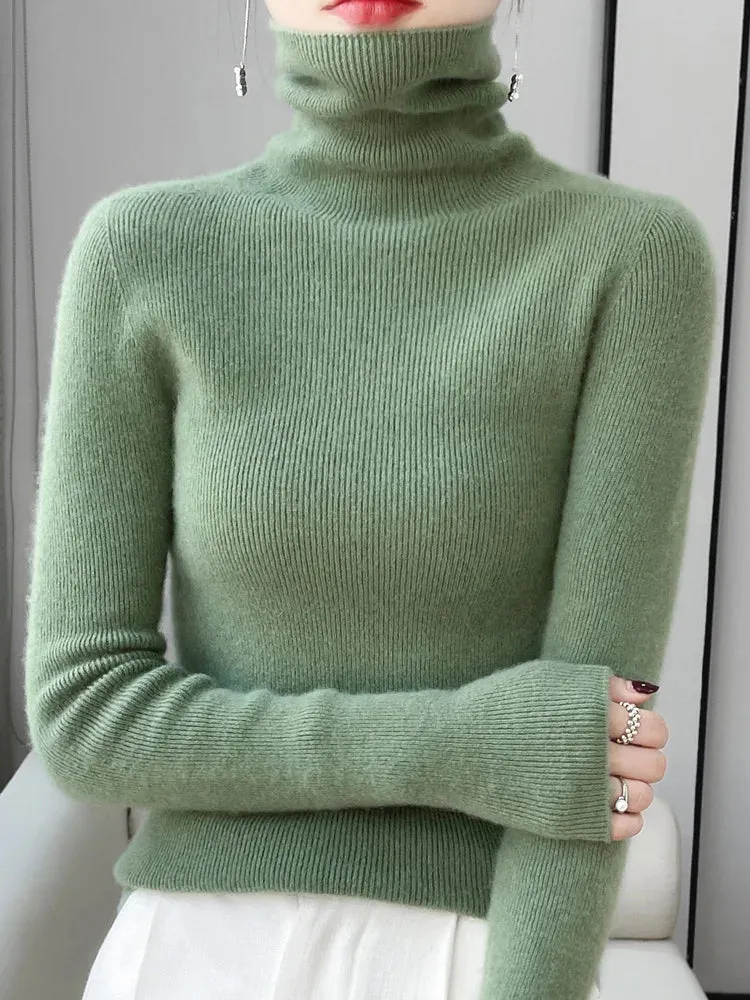 Women Turtleneck Sweater Autumn Winter Slim Basic Bottoming Pullover 100% Merino Wool Soft Kniwear Korean Popular Clothes Tops