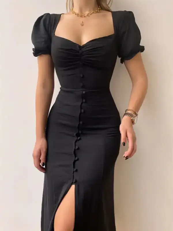 Women’s Elegant Sweetheart Neck Puff Sleeve Mid-Length Dress