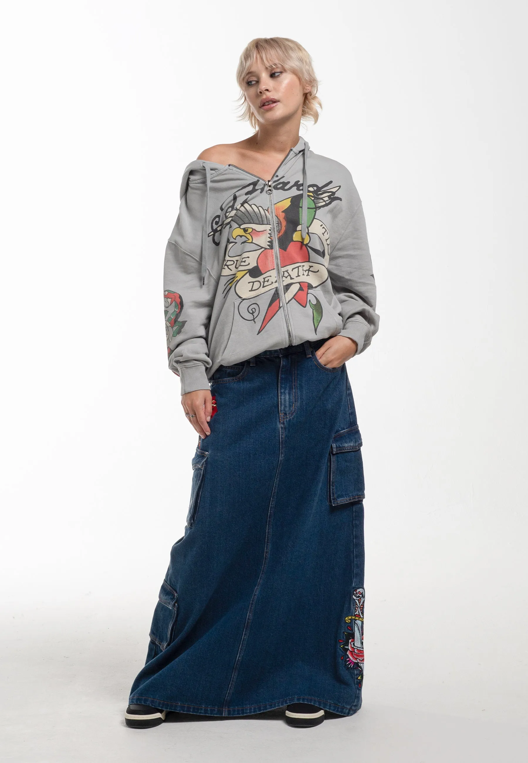 Womens Killer Rose Denim Midi Skirt - Blue