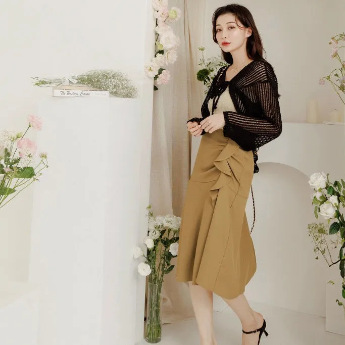 Work Ruffle A-Line Long Midi Skirt